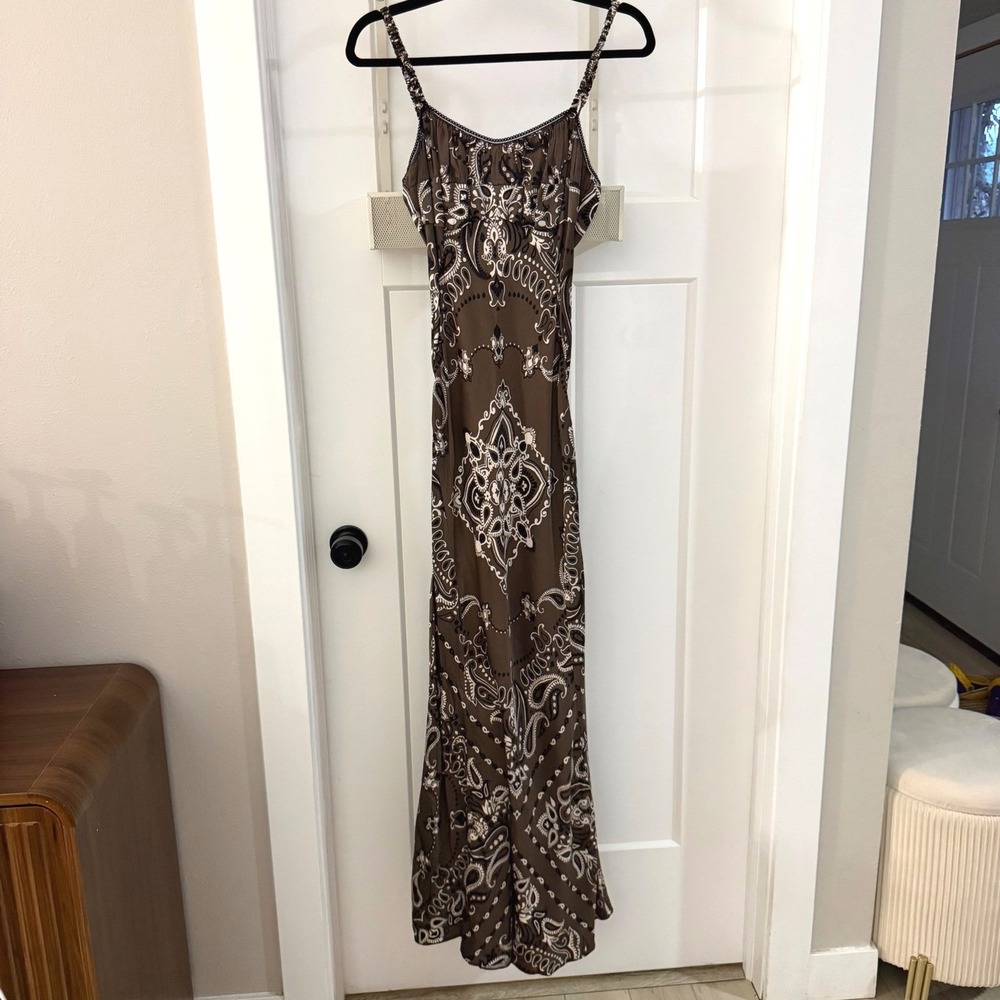 Sandro Paris Brown Bandana Paisley Print Lace Up Back Maxi Dress sz 34 US 2 Boho